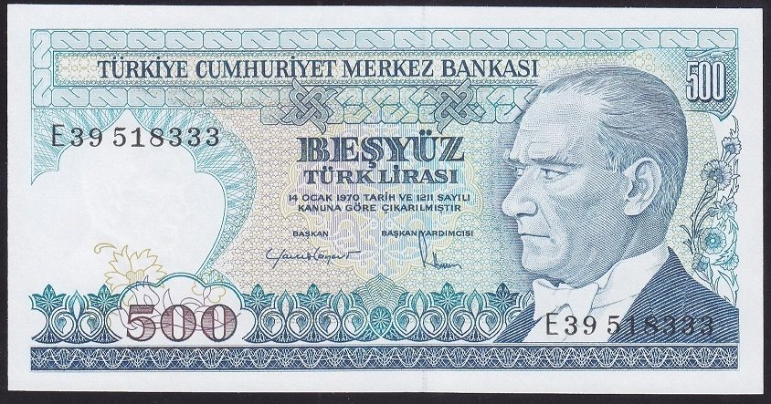 7.EMİSYON 2.TERTİP 500 LİRA E39 518333 ÇİL