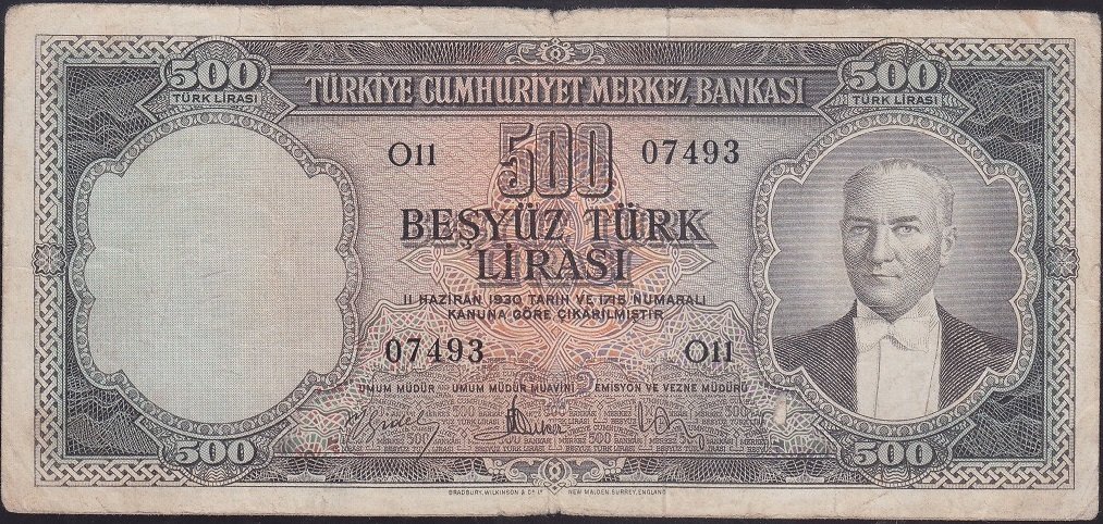 5.Emisyon 2.Tertip 500 Lira O11 07493 Çok Temiz