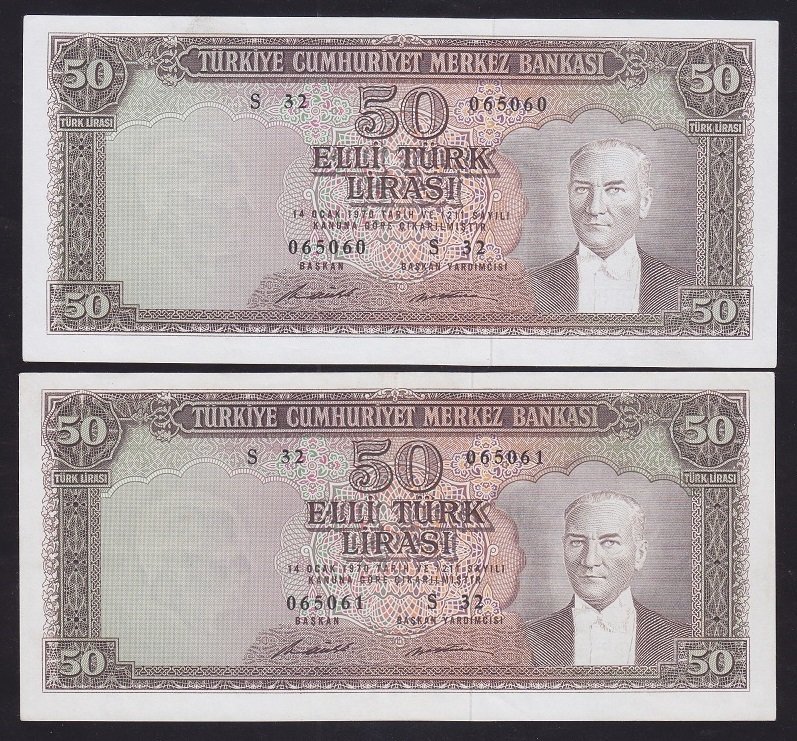 5.EMİSYON 7.TERTİP 50 LİRA S32 065060 ÇİLALTI ÇİL S32 065061 ÇÇT ÇİLALTI SERİ TAKİPLİ 2 ADET