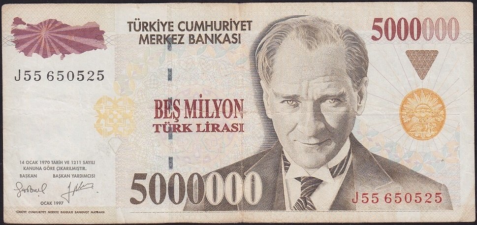 7.Emisyon 5 000 000 Lira J55 650525 Çok Temiz
