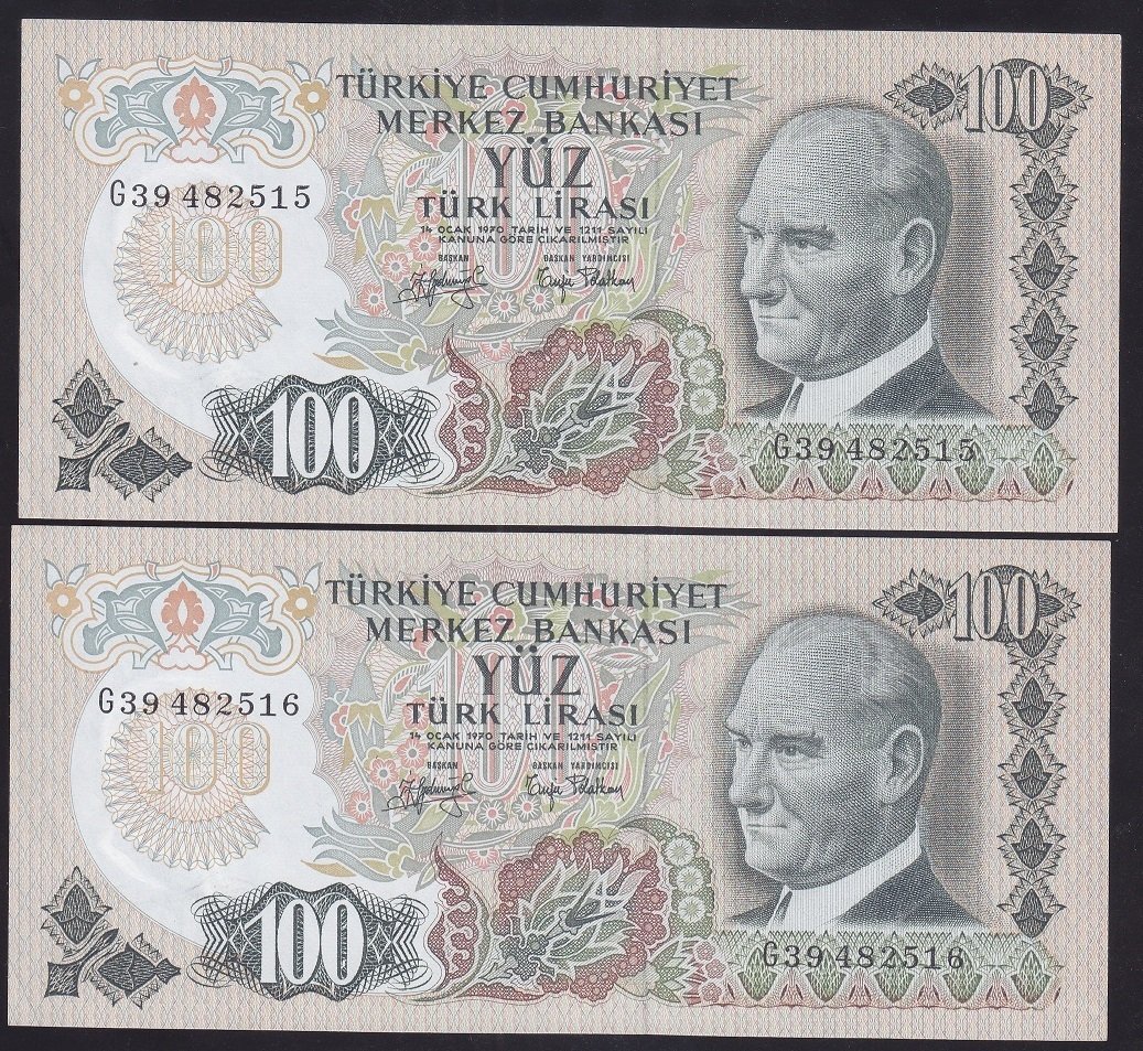6.EMİSYON 2.TERTİP 100 LİRA G39 482515 - 16 SERİ TAKİPLİ 2 ADET ÇİLALTI