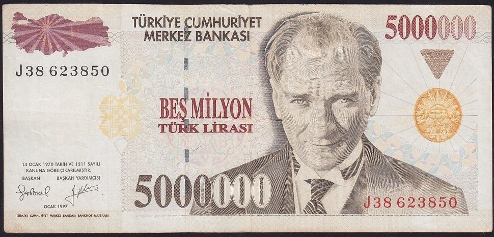 7.Emisyon 5 000 000 Lira J38 623850 Çok Temiz