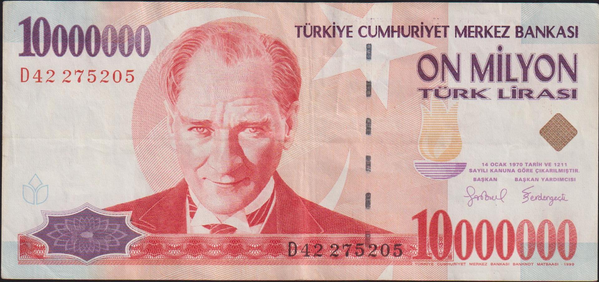 7.Emisyon 10 000 000 Lira D42 275205 Çok Temiz+