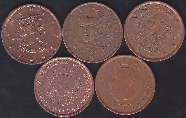AVRUPA BİRLİĞİ 5 CENT 1999 YILI 5 FARKLI ÜLKE MADENİ PARA LOT