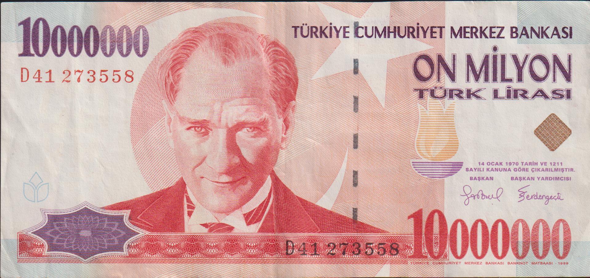 7.Emisyon 10 000 000 Lira D41 273558 Çok Temiz+
