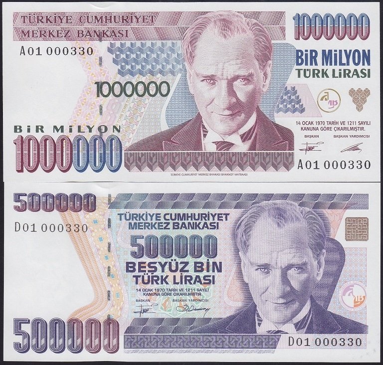 7.EMİSYON 1 000 000 VE 500 000 LİRA A,D01 000330  AYNI NUMARA İLK BİN PARASI ÇİL