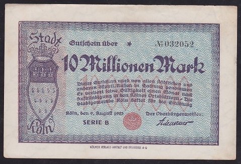 ALMANYA 10 MİLYON MARK 1923 ÇİLALTI ÇİL - KÖLN