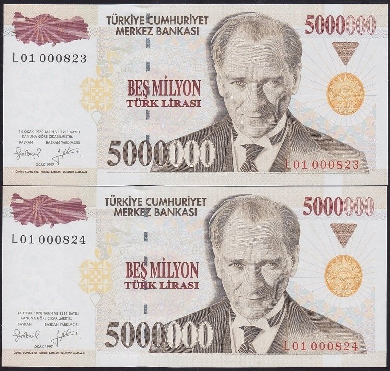 7.Emisyon 5 000 000 Lira L01 000823-824 ÇİL SERİ TAKİPLİ İLK BİN