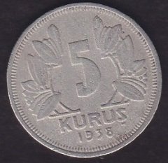 1938 YILI 5 KURUŞ eski para mezat