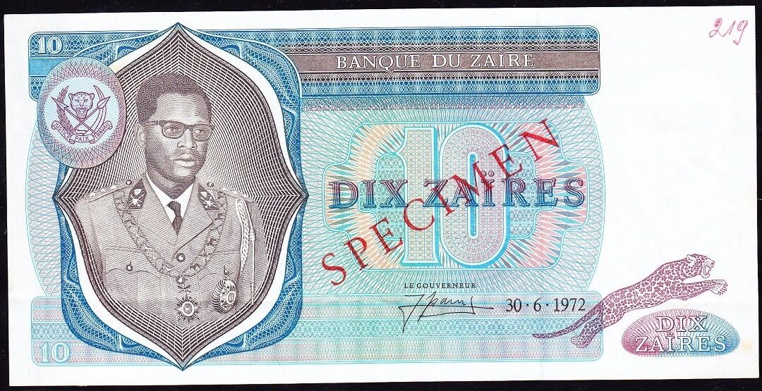 Zaire 10 Zaires 1972 Çilaltı Specimen
