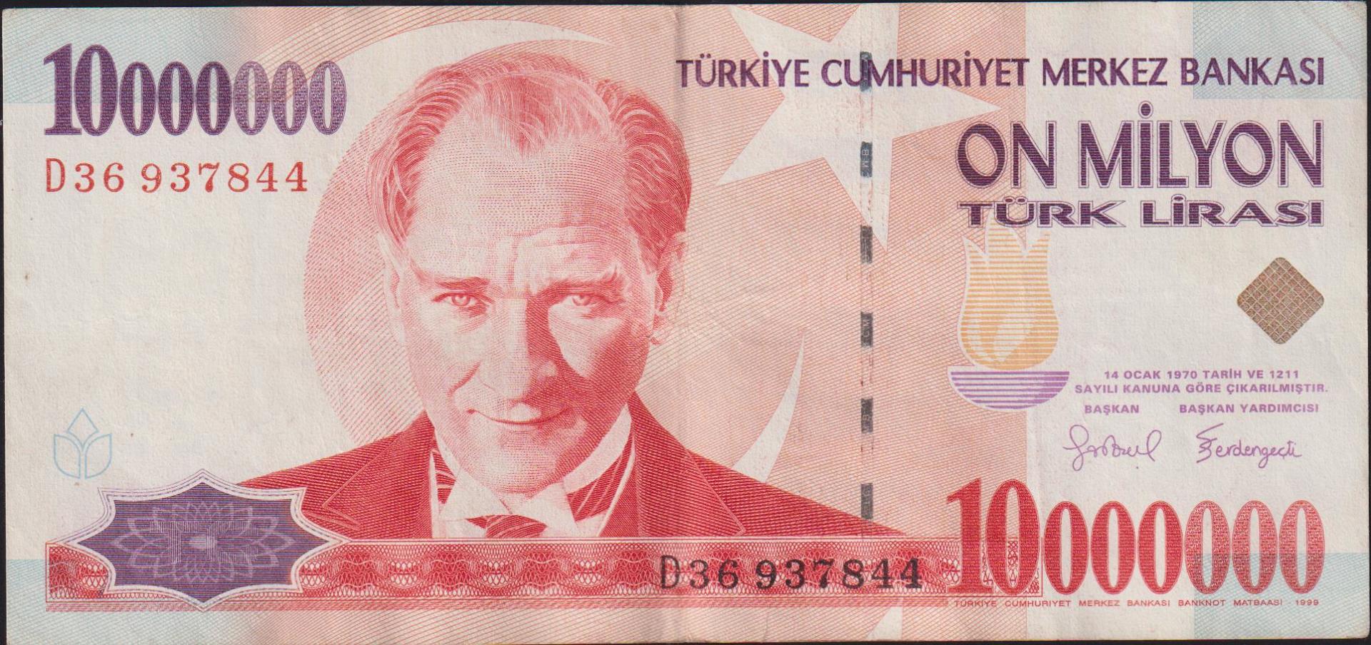 7.Emisyon 10 000 000 Lira D36 937844 Çok Çok Temiz+