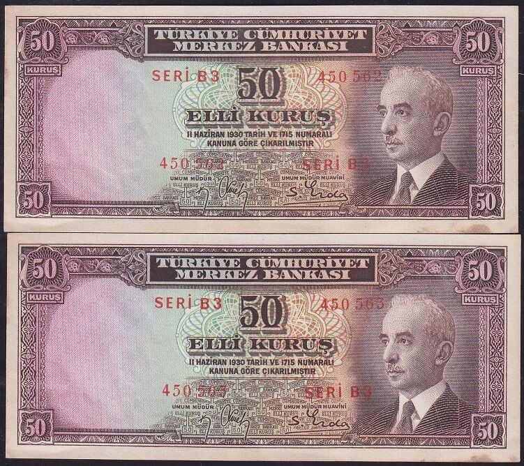 2 Adet 2.Emisyon 50 Kuruş Seri B3 450562-63 Seri Takipli Çilaltı Çil