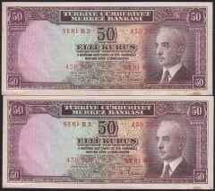 2 Adet 2.Emisyon 50 Kuruş Seri B3 450562-63 Seri Takipli Çilaltı Çil