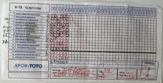Spor Toto Kupon Kağıdı 1994