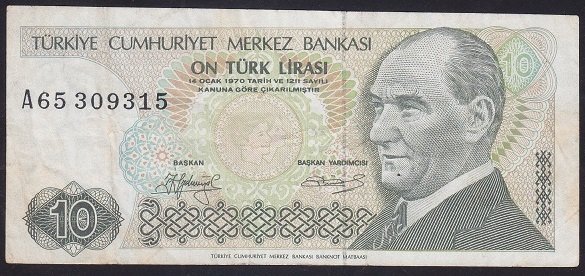 7.EMİSYON 1.TERTİP 10 LİRA A65 309315 ÇOK TEMİZ