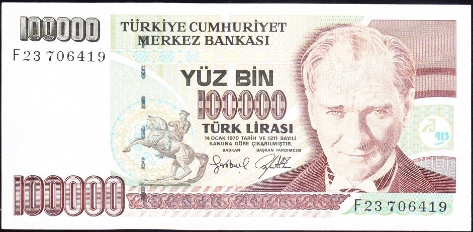 7.Emisyon 3.Tertip 100000 Lira F23 706419 Çilaltı