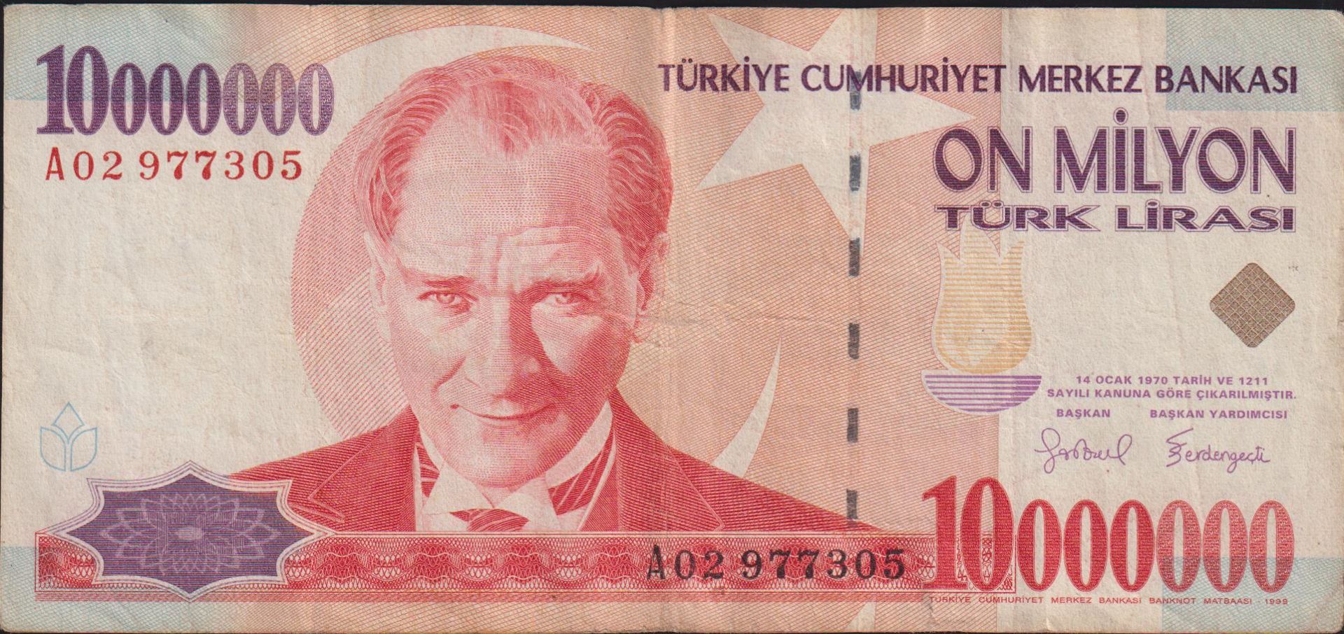 7.Emisyon 10 000 000 Lira A02 977305 Çok Temiz