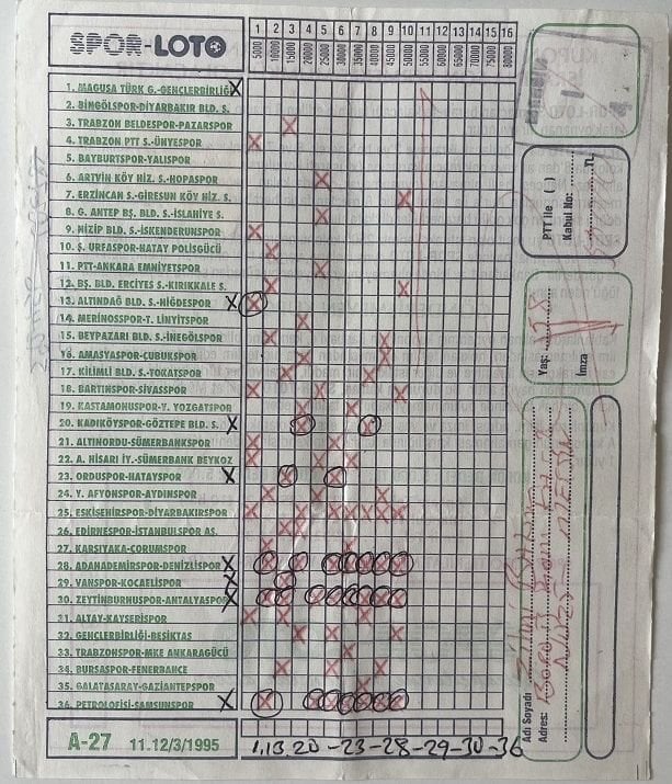 Spor Loto Kupon Kağıdı 1995