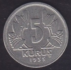 1935 YILI 5 KURUŞ ÇOK TEMİZ ( TEMİZLENMİŞ )  eski para alan yerler
