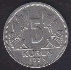 1935 YILI 5 KURUŞ ÇOK TEMİZ ( TEMİZLENMİŞ )  eski para alan yerler