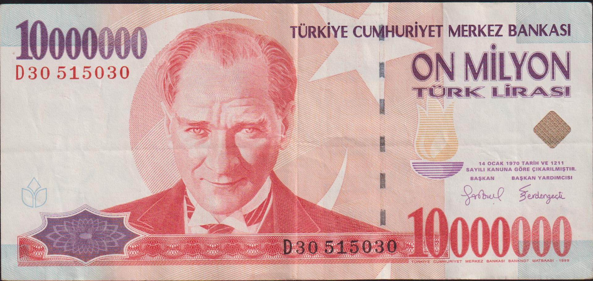 7.Emisyon 10 000 000 Lira D30 515030 Çok Temiz+
