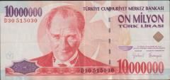 7.Emisyon 10 000 000 Lira D30 515030 Çok Temiz+