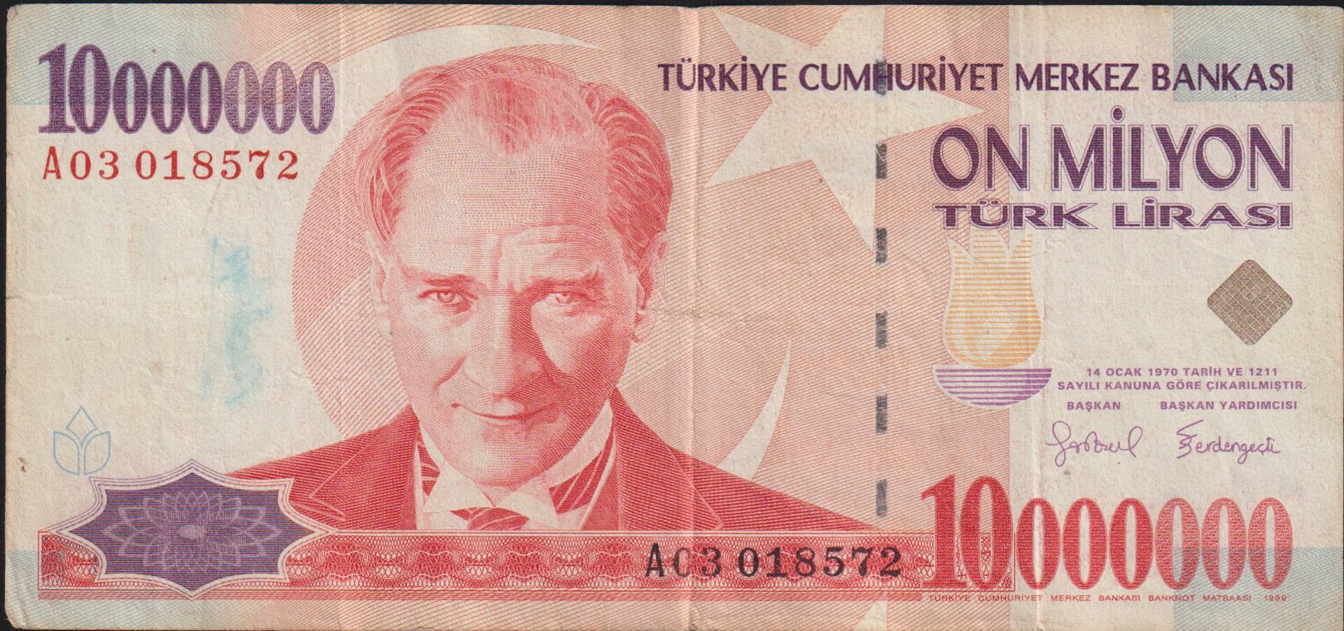 7.Emisyon 10 000 000 Lira A03 018572 Çok Temiz