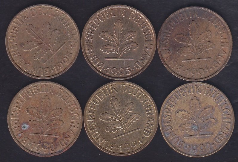 ALMANYA 10 PFENNIG 1990-91-92-93-94-95 YILLARI LOT (6 ADET)