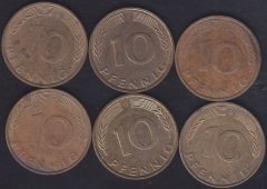 ALMANYA 10 PFENNIG 1990-91-92-93-94-95 YILLARI LOT (6 ADET)