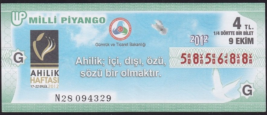 2012 9 Ekim Çeyrek Bilet - G Serisi