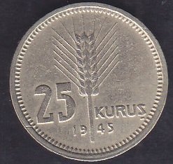1945 Yılı 25 Kuruş Çok Çok Temiz Bronz