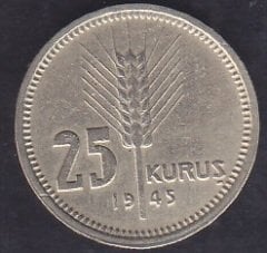 1945 Yılı 25 Kuruş Çok Çok Temiz Bronz
