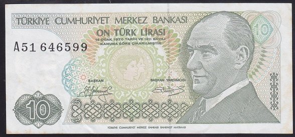 7.EMİSYON 1.TERTİP 10 LİRA A51 646599 ÇOK TEMİZ + eski para