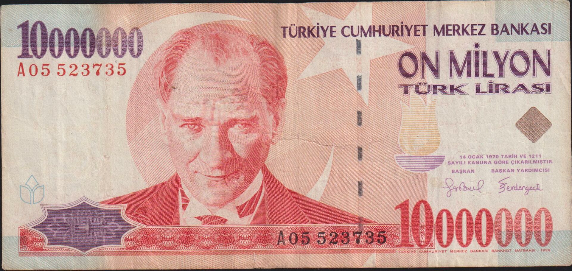 7.Emisyon 10 000 000 Lira A05 523735 Çok Temiz