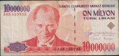 7.Emisyon 10 000 000 Lira A05 523735 Çok Temiz