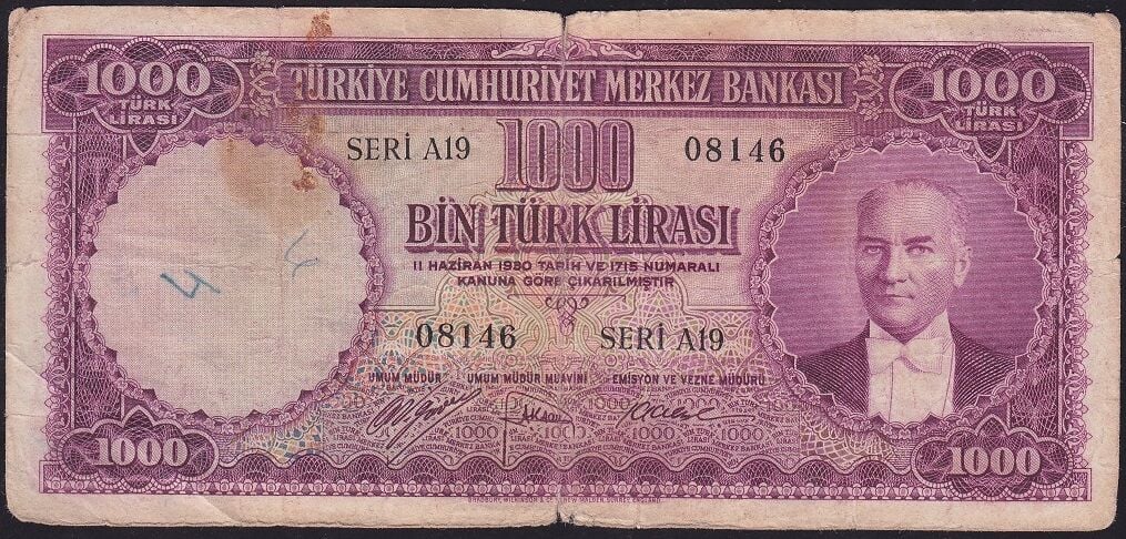 5.Emisyon 1000 Lira Seri A19 08146 Temiz