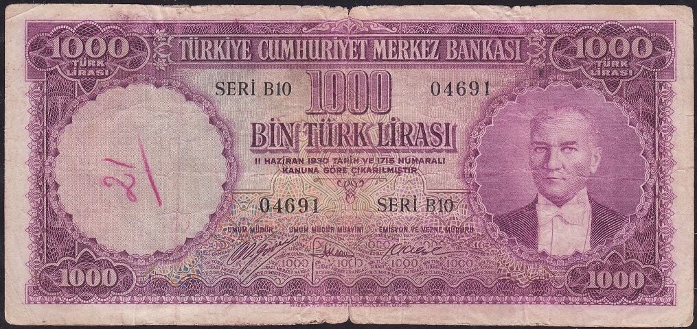 5.Emisyon 1000 Lira Seri B10 04691 Temiz