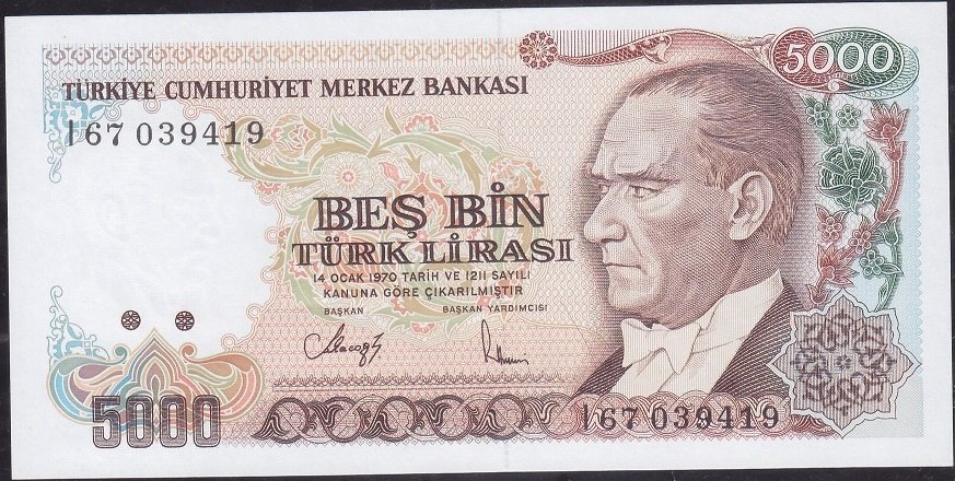7.Emisyon 4.Tertip 5000 Lira I67 039419 Çil