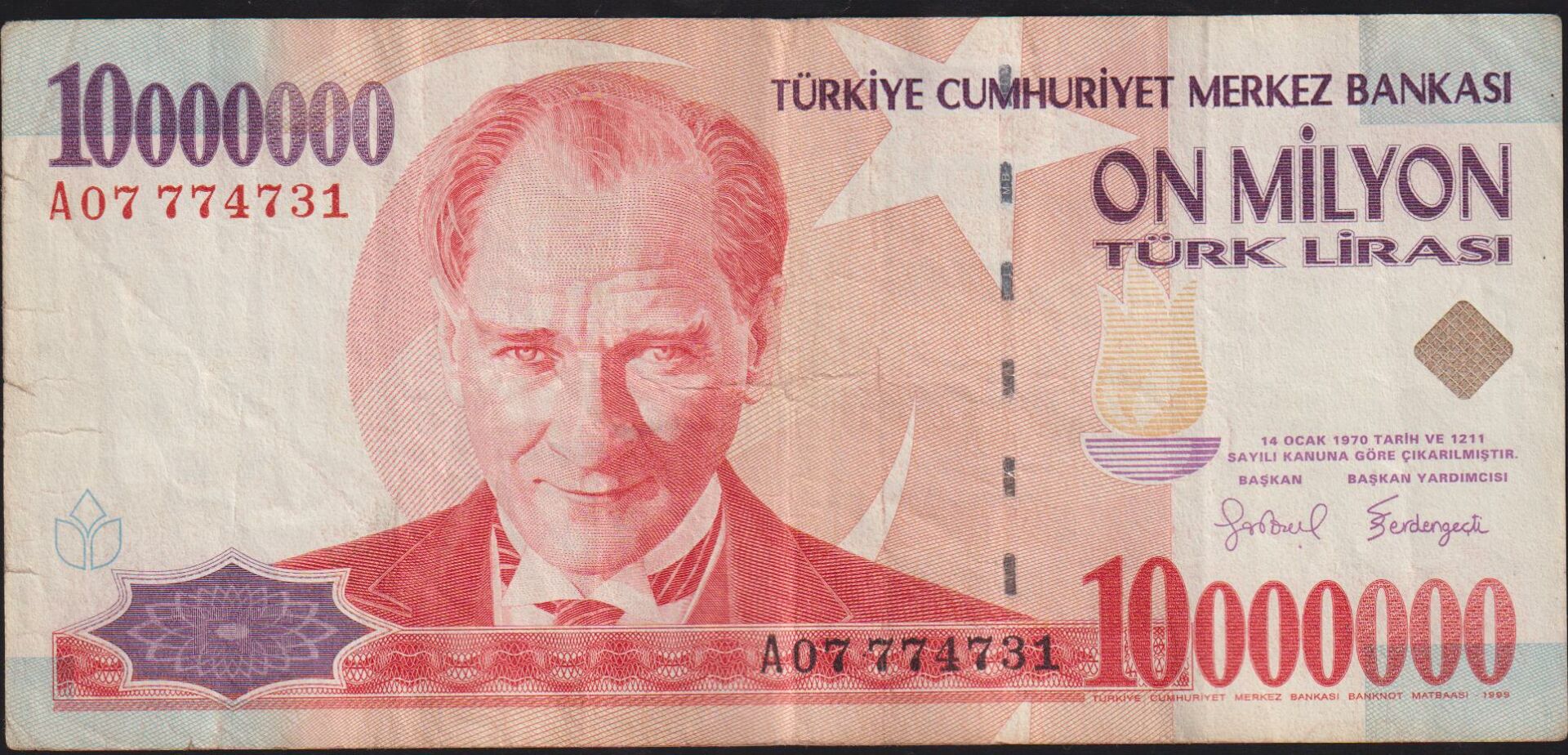 7.Emisyon 10 000 000 Lira A07 774731 Çok Temiz