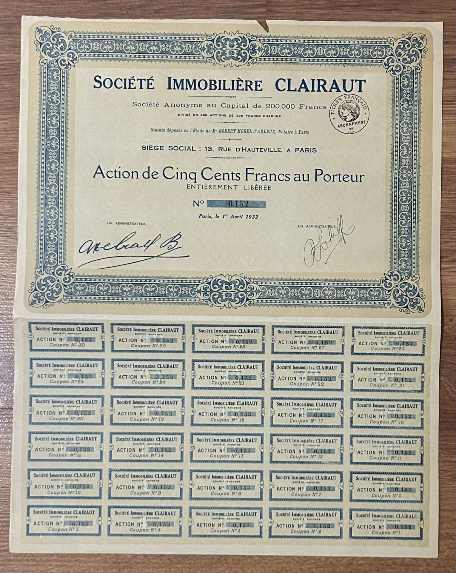 Hisse Senedi - Clairaut 1932 ( 40 X 31 cm )