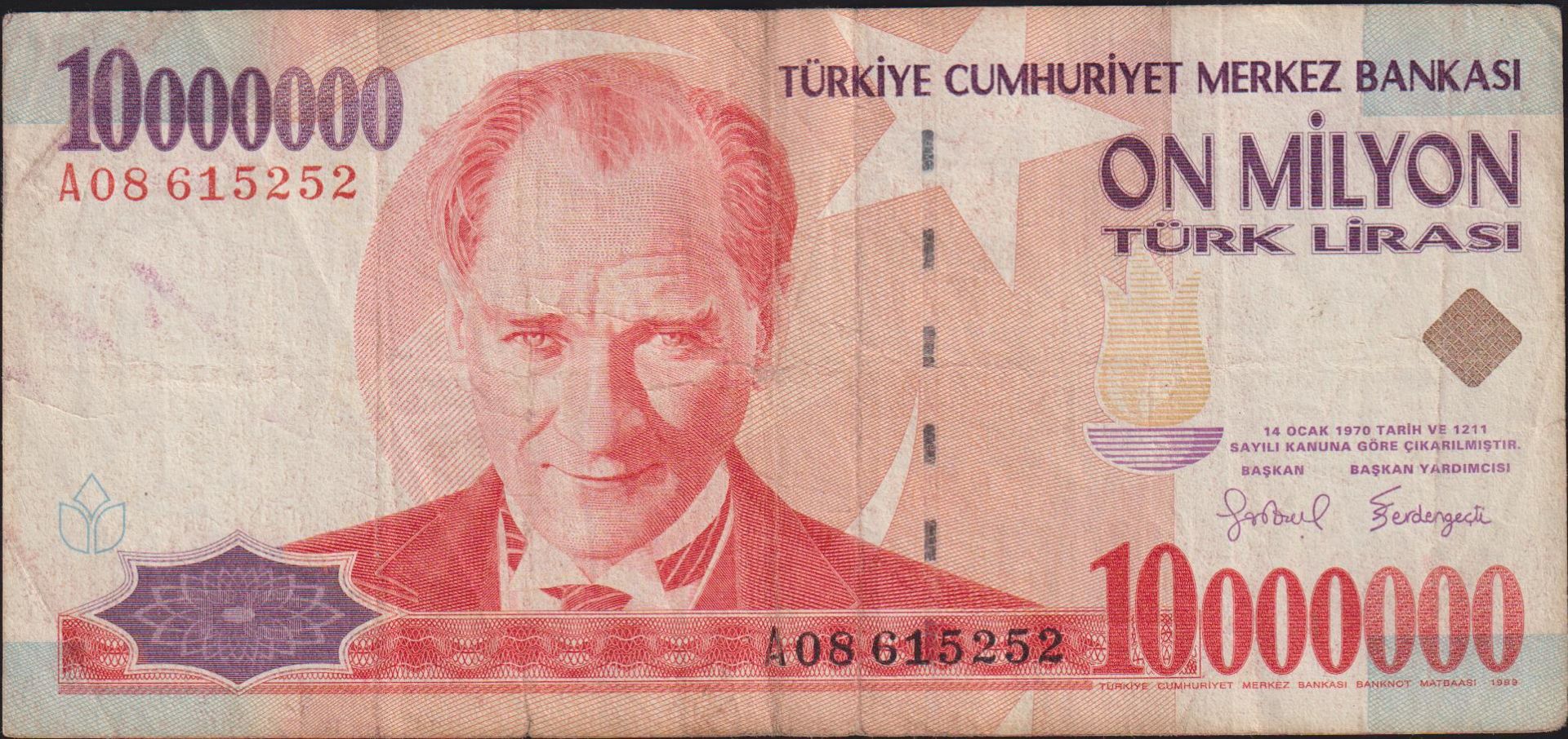 7.Emisyon 10 000 000 Lira A08 615252 Çok Temiz