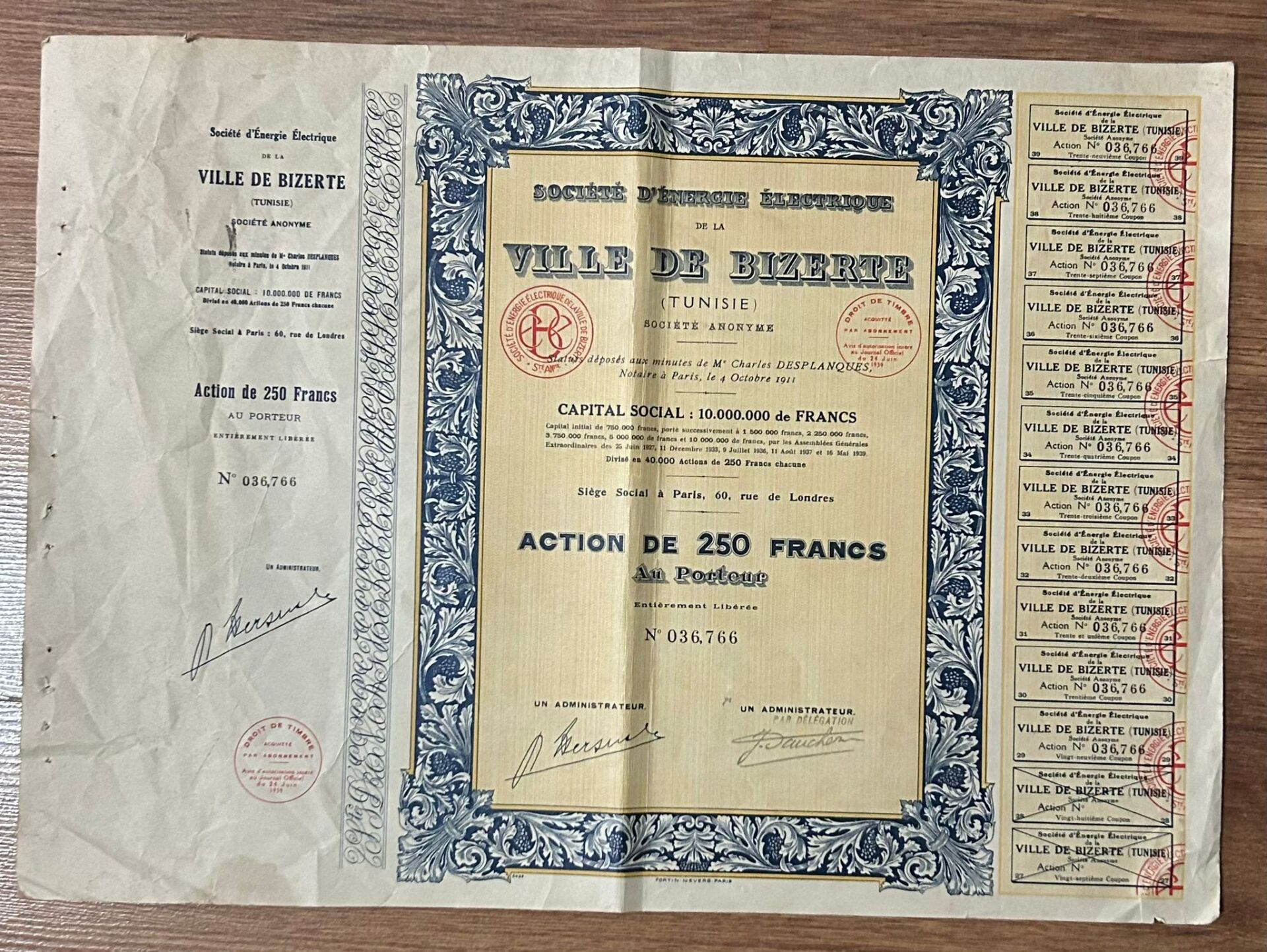 Hisse Senedi - VİLLE DE BİZERTE Tunus 1911 ( 43 X 31 cm )