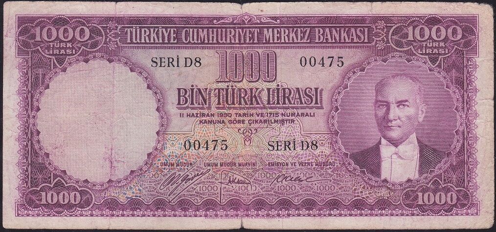 5.Emisyon 1000 Lira Seri D8 00475 Çok Temiz
