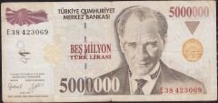 7.Emisyon 5 000 000 Lira E38 423069 Çok Temiz
