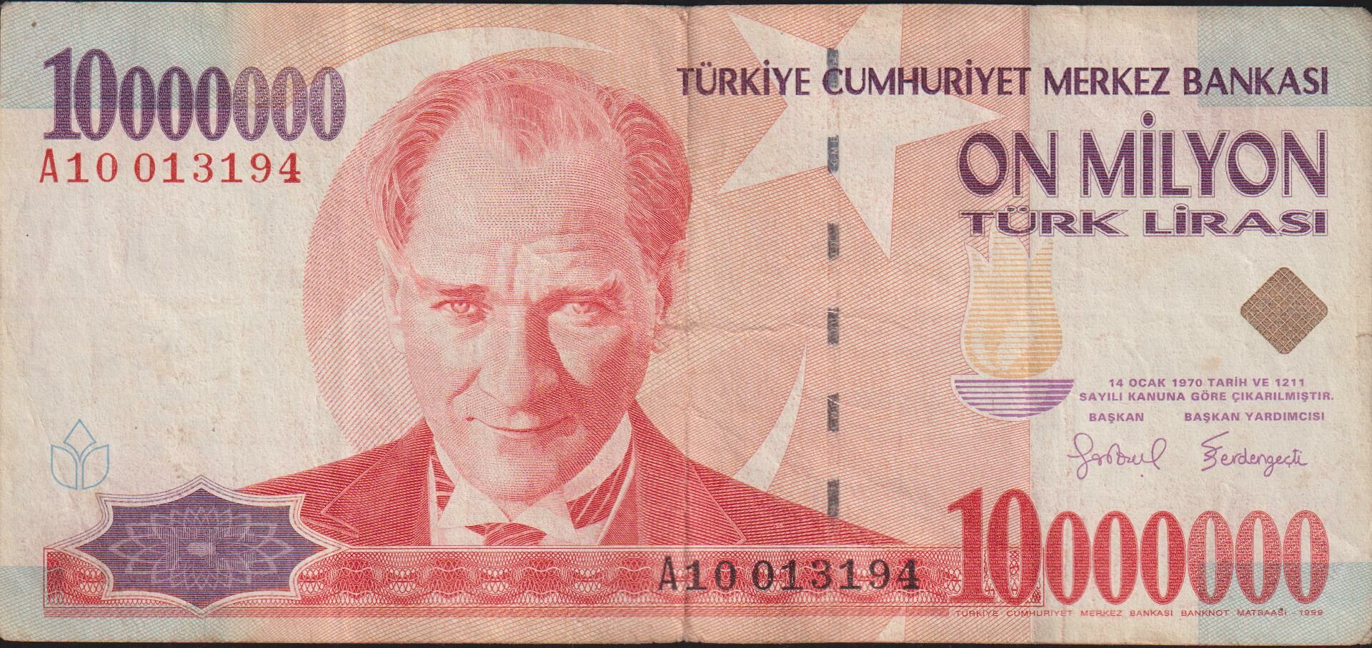7.Emisyon 10 000 000 Lira A10 013194 Çok Temiz