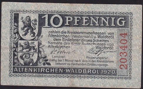 ALMANYA 10 PFENNİNG NOTGELD 1920 ÇOK TEMİZ