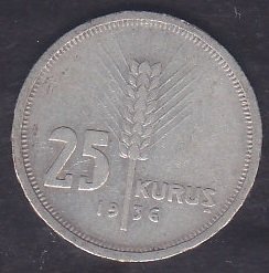 1936 Yılı 25 Kuruş Çok Temiz - Gümüş