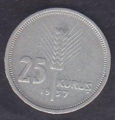 1937 Yılı 25 Kuruş Çok Temiz - Gümüş