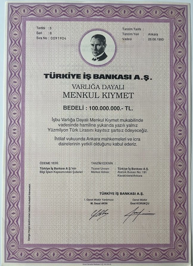 İş Bankası 100.000.000 Lira Hisse Senedi