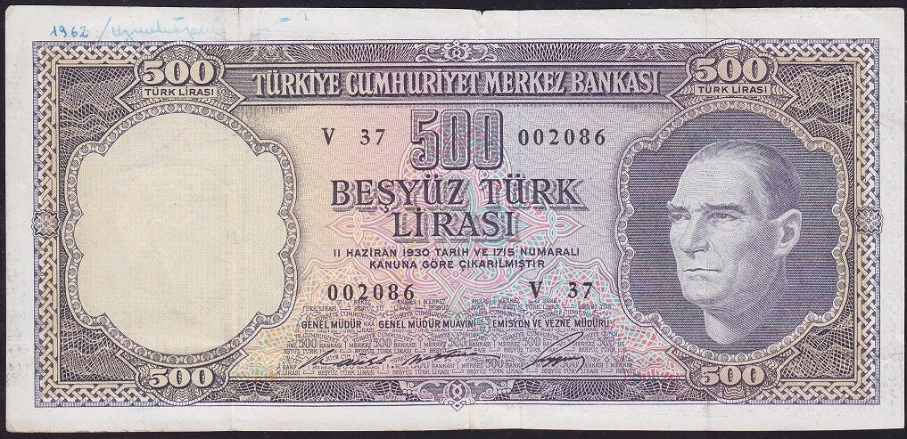 5.Emisyon 4.Tertip 500 Lira V37 002086 Çok Temiz